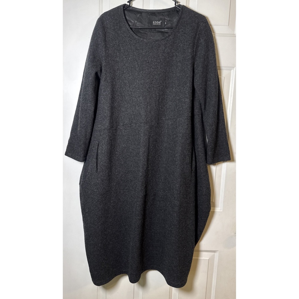 Ebbe Women's M Black Wool Blend Cocoon Midi Dress Lagenlook Long Sleeve Pockets